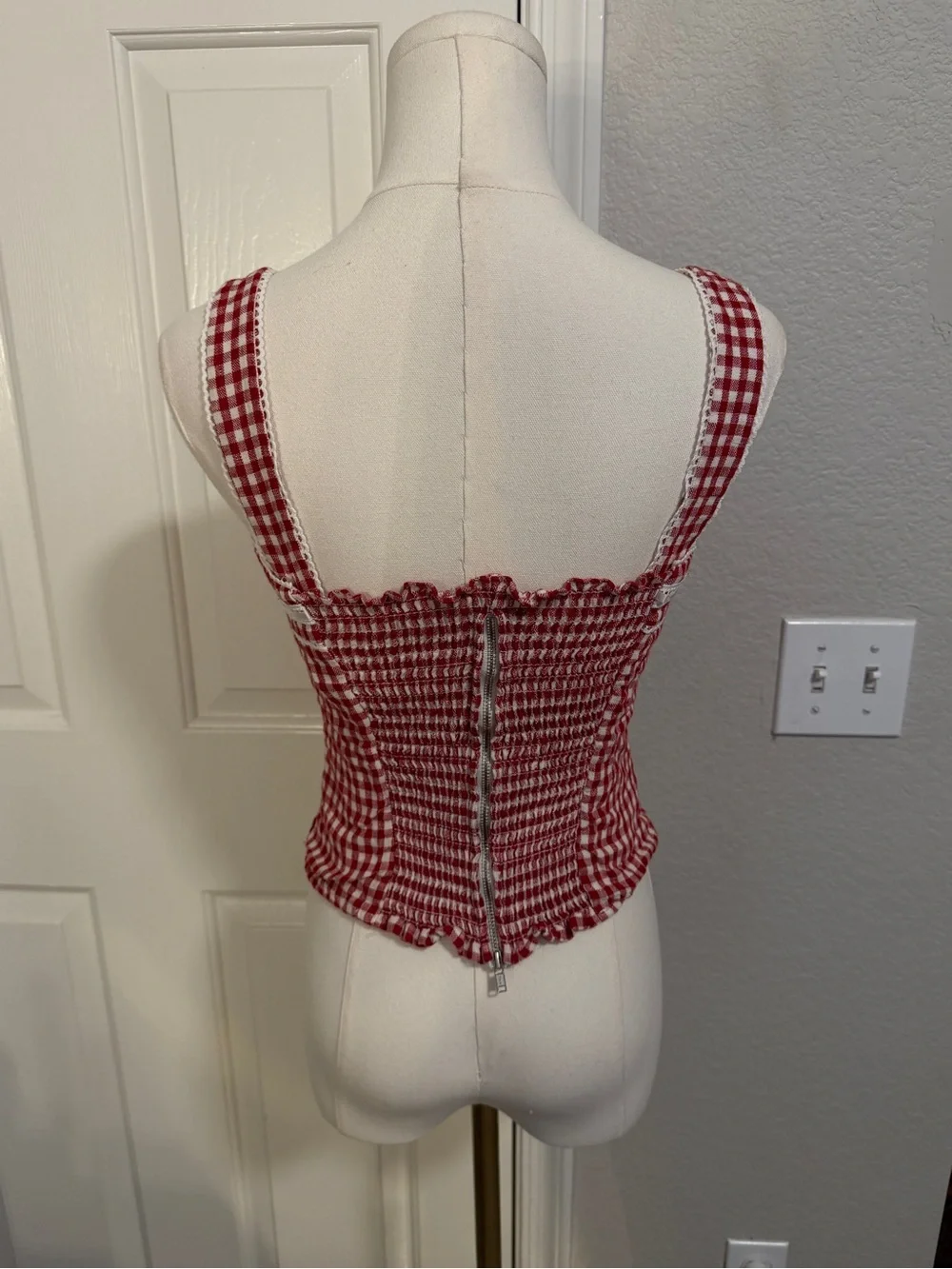 Reformation Red Gingham Lace-Trim Square Neck Crop Top - Picture 4 of 5